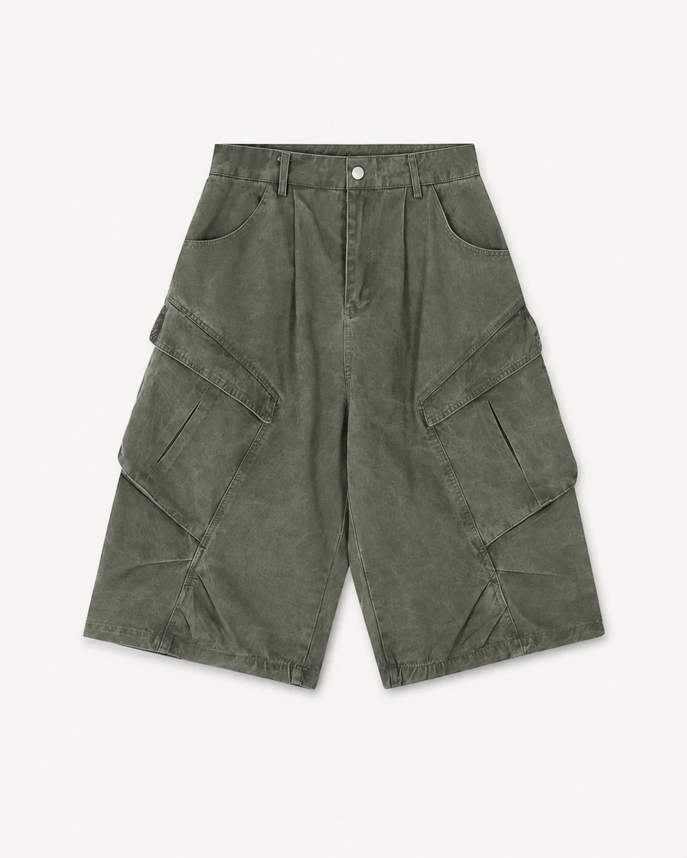 Oversized gray-olive cargo shorts with angled flap pockets and wide legs