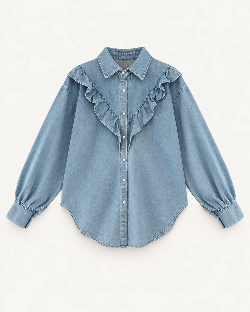 Light wash ruffle-front denim shirt with balloon sleeves and pearl snaps