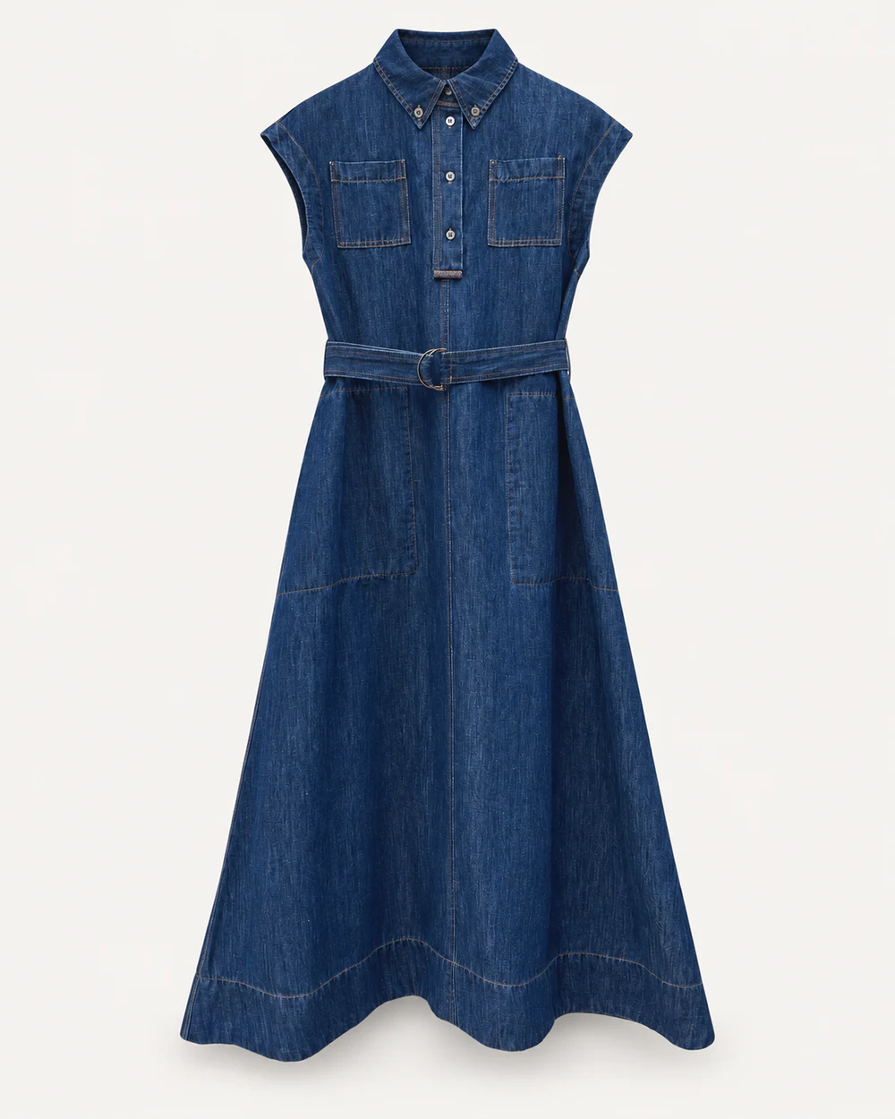 Dark-indigo sleeveless denim maxi shirt dress with patch pockets and self belt