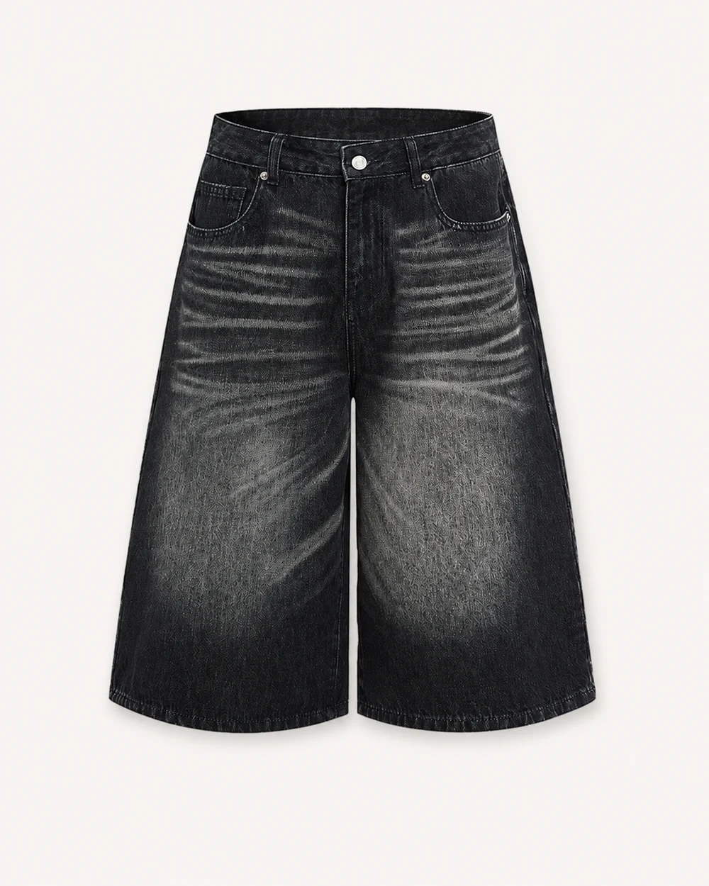Black-wash wide-leg denim shorts with whiskering and a knee-length fit
