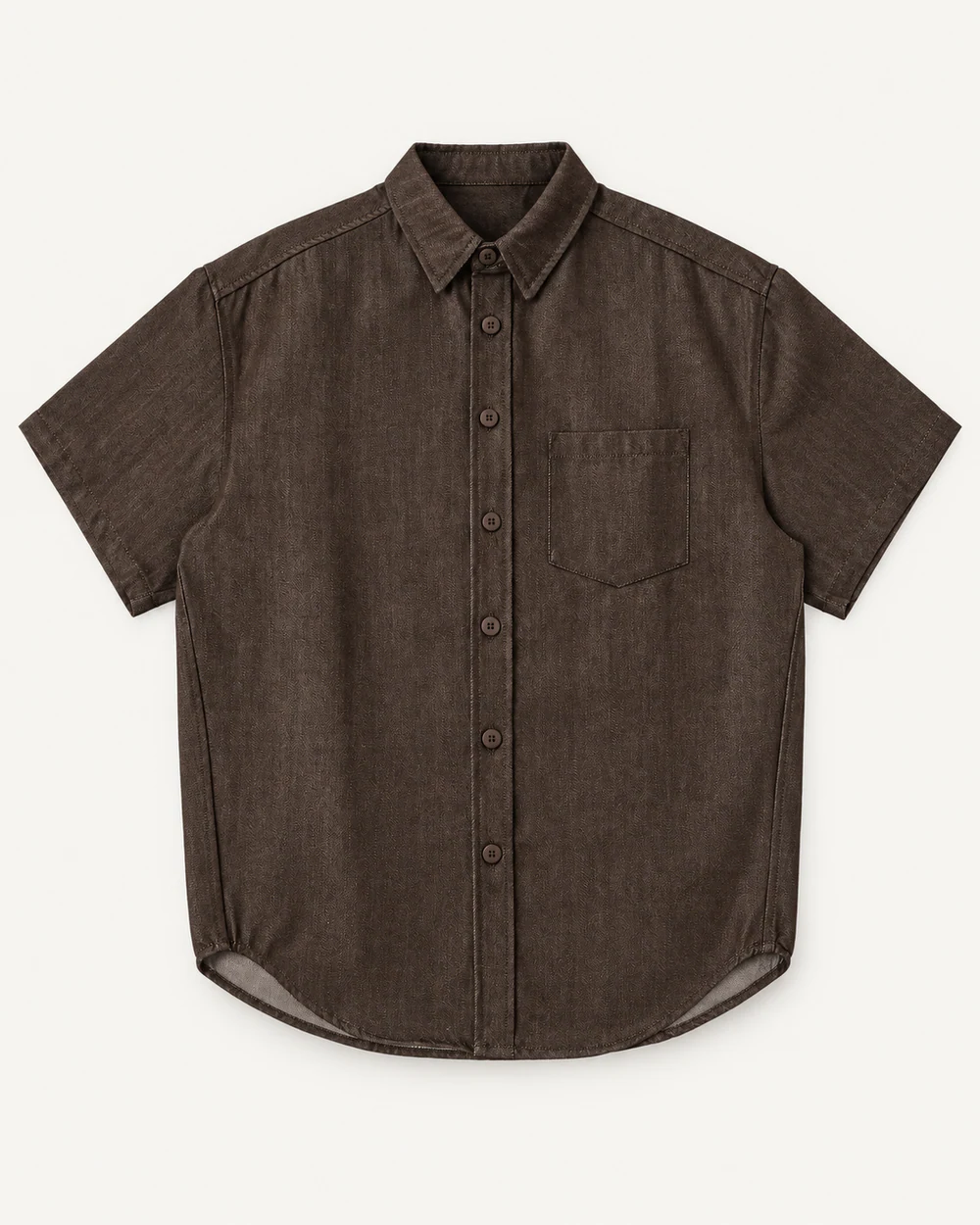 Garment-dyed brown short-sleeve denim shirt with single chest pocket