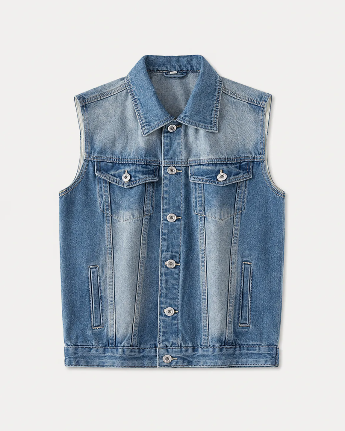 Light-wash classic denim vest with button-flap chest pockets