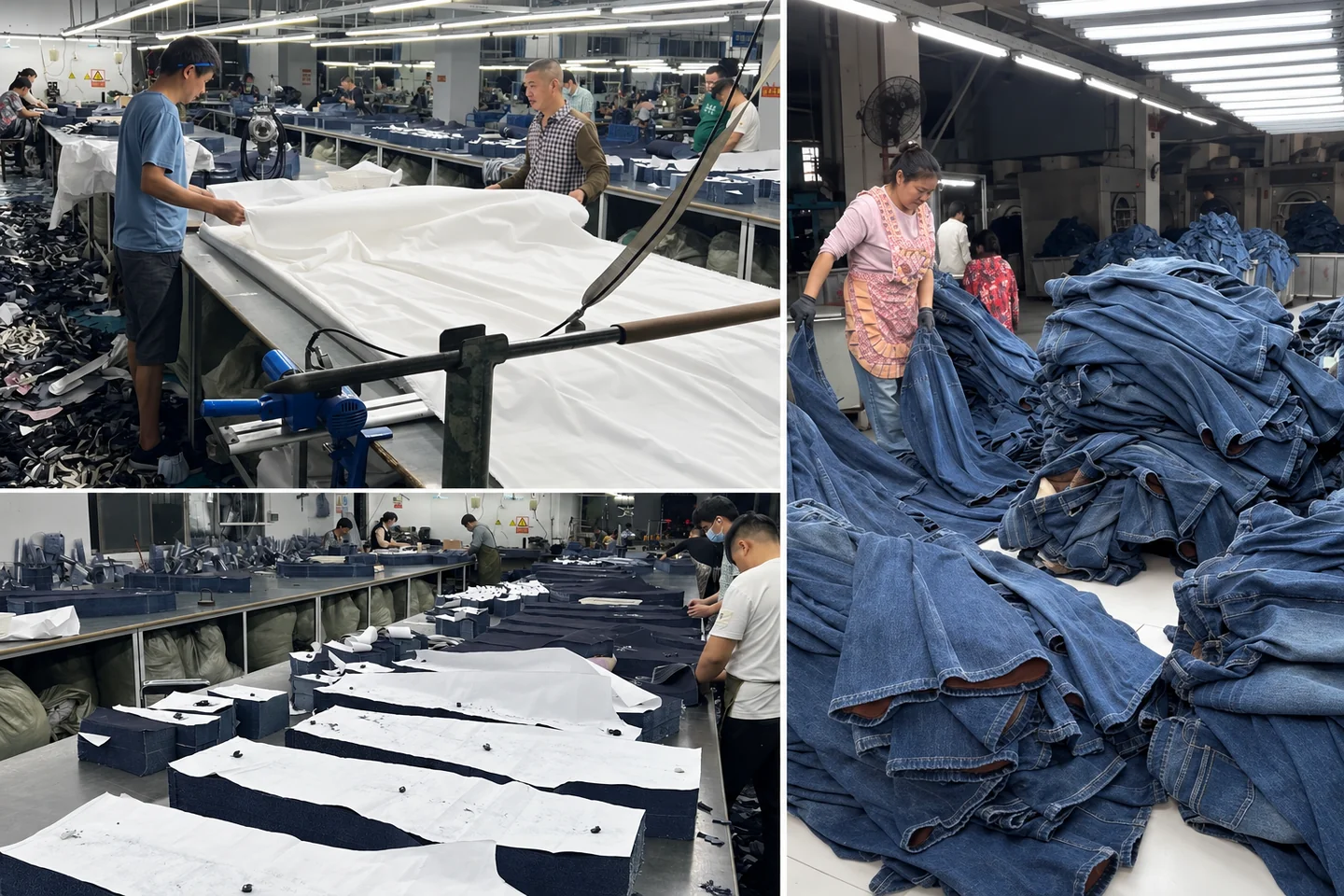 Workers spreading fabric, preparing denim cut parts and sorting washed jeans during Beilin Denim production