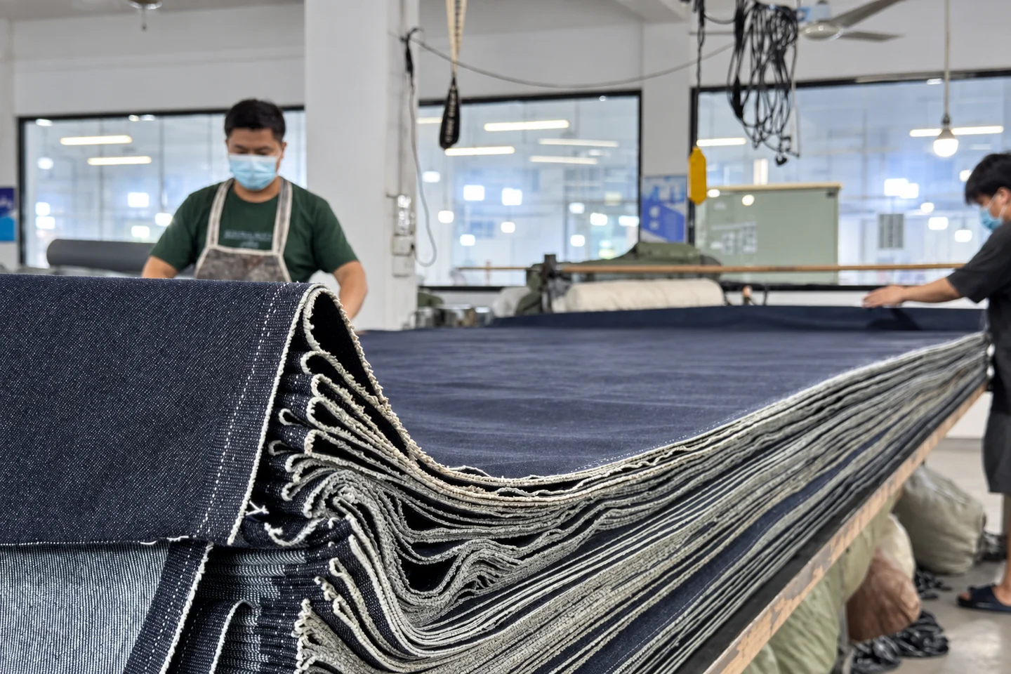 Workers spreading layered denim fabric for cutting at Beilin Denim