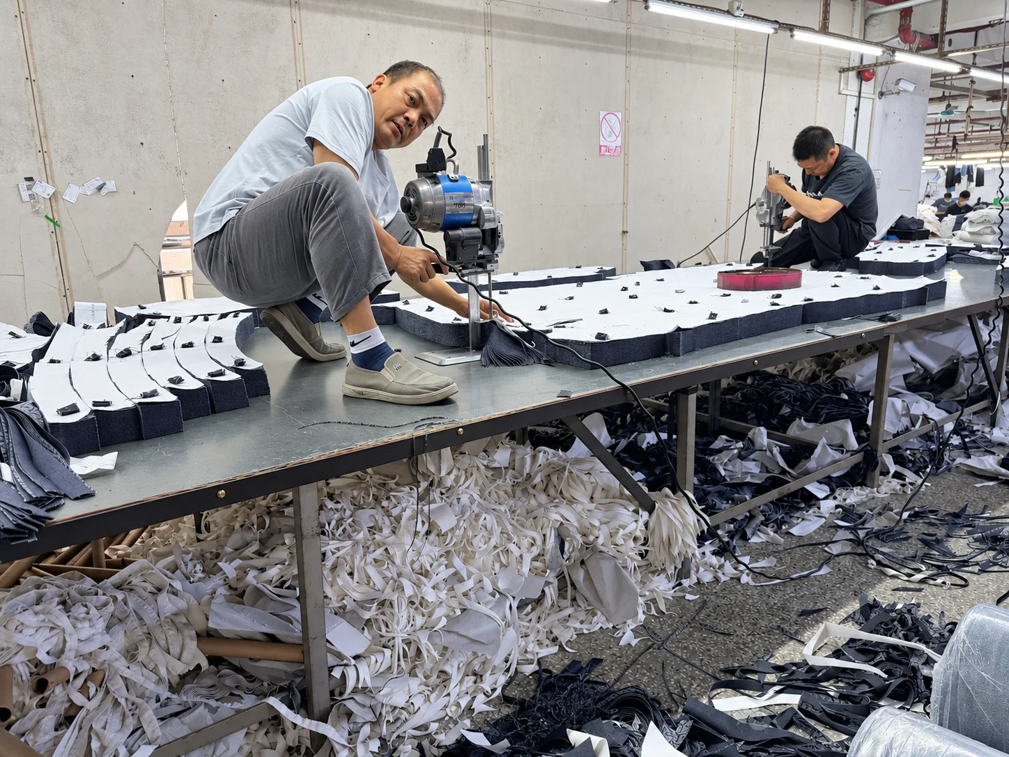 Workers cutting stacked denim garment components with straight-knife cutting machines |