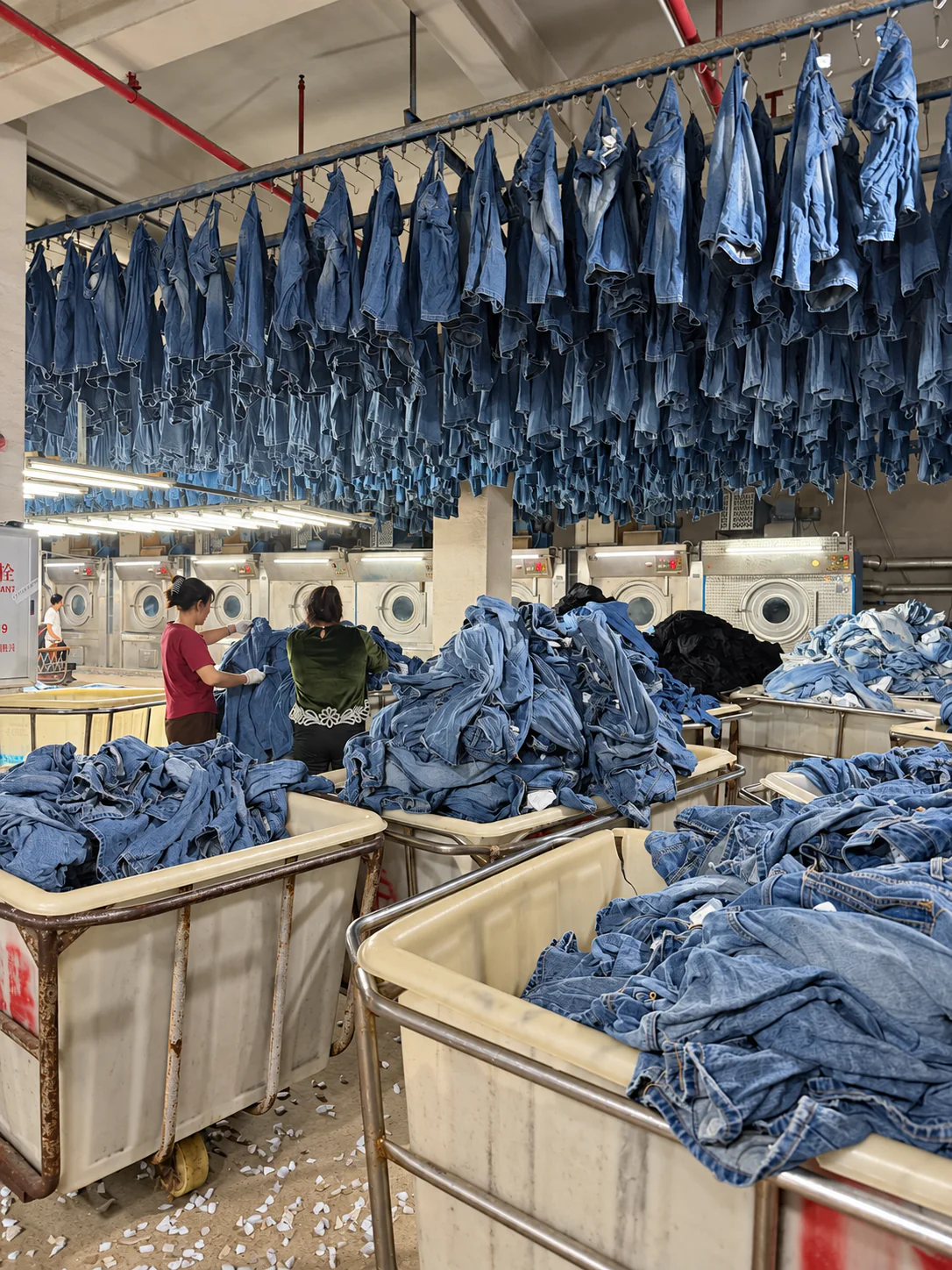 Denim garments in the washing and finishing production area