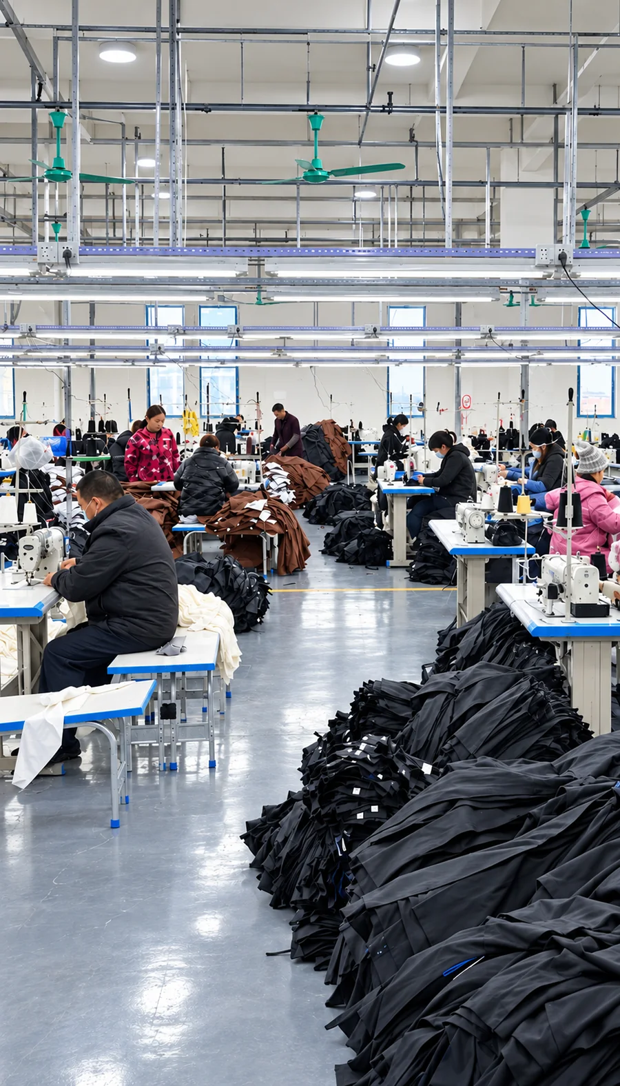 Denim garment sewing line inside the Beilin Denim factory