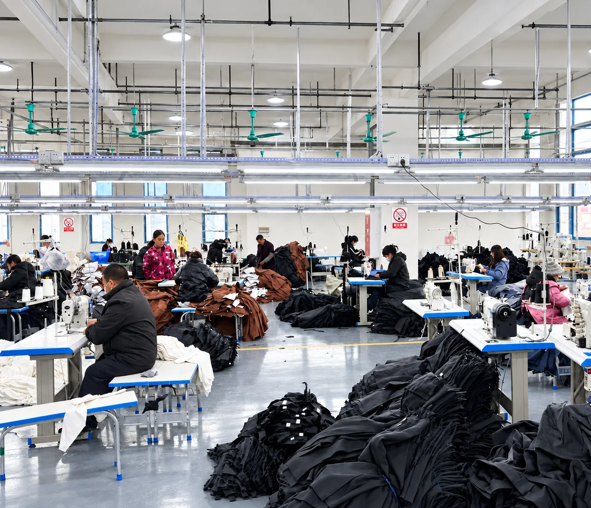 Beilin Denim sewing production floor with workers and industrial sewing machines