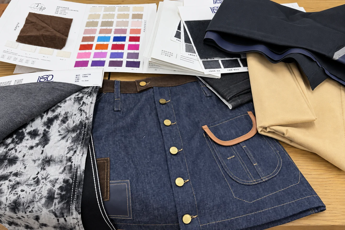 Approved denim garment, fabric swatches and material samples prepared for production handoff at Beilin Denim