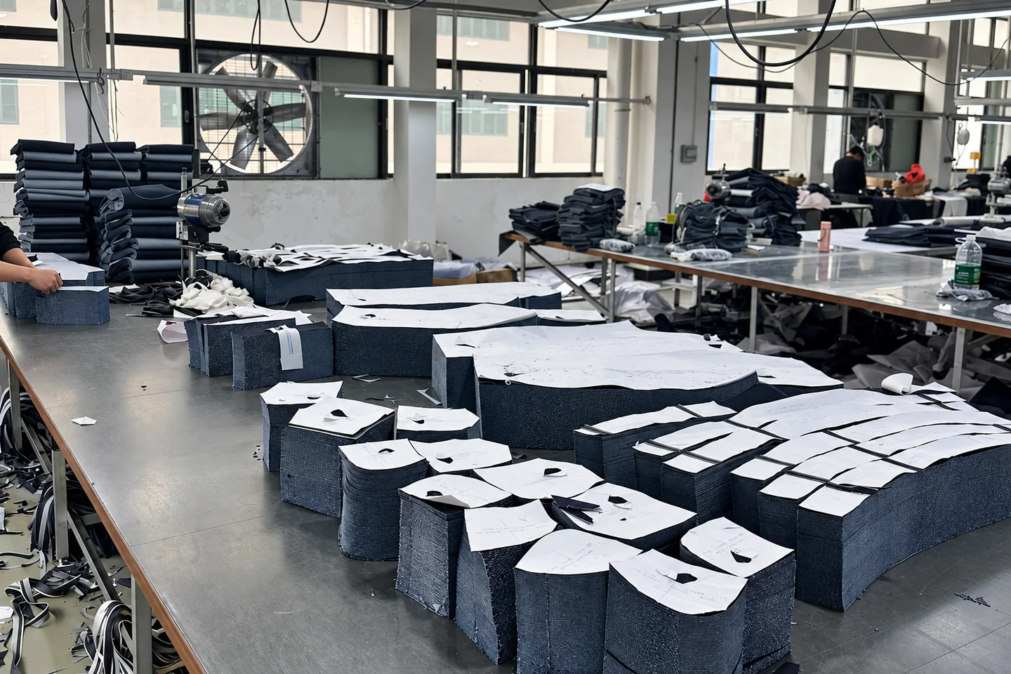Stacks of cut denim components with paper patterns in the Beilin Denim cutting room