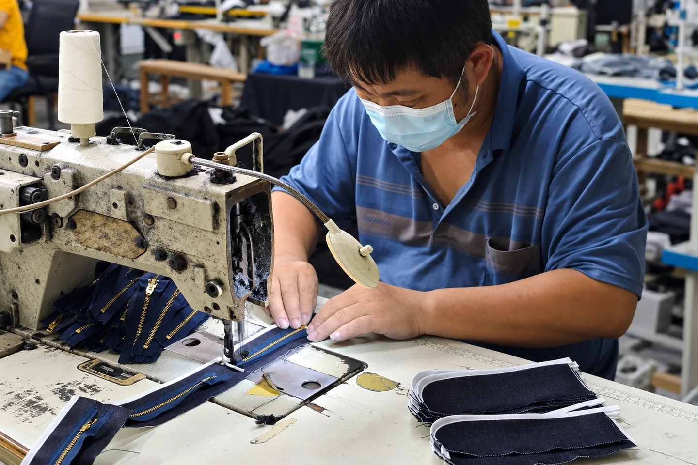 Operator sewing zipper components for denim garments at Beilin Denim