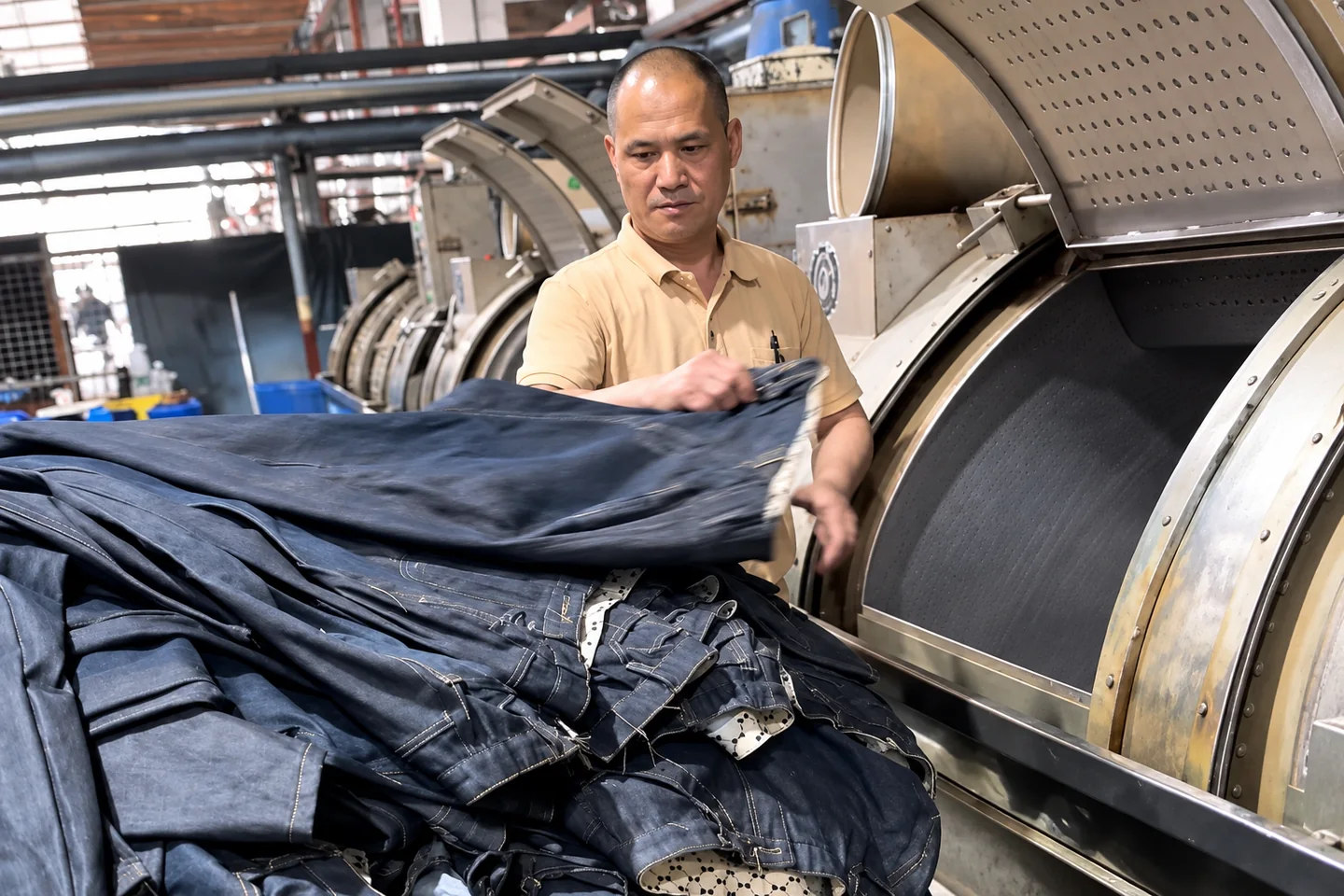 Worker unloading denim jeans from an industrial washing machine at Beilin Denim