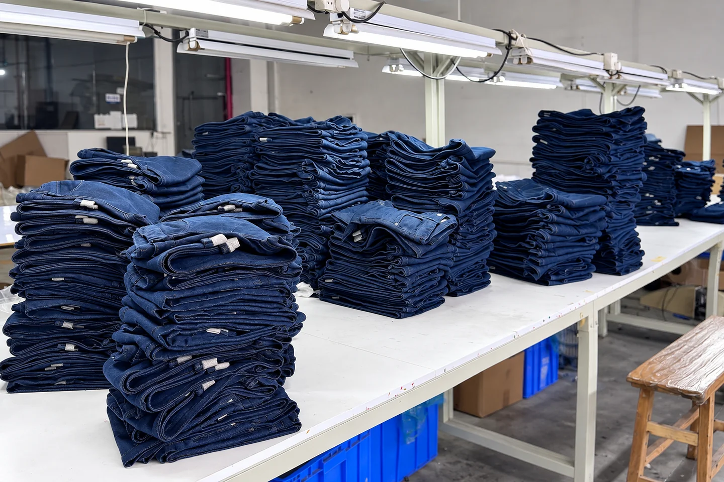 Finished denim jeans stacked for final inspection and packing at Beilin Denim