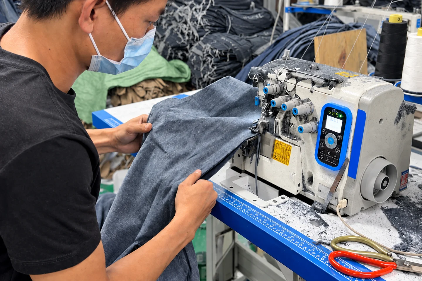 Operator sewing a denim garment on an industrial sewing machine at Beilin Denim
