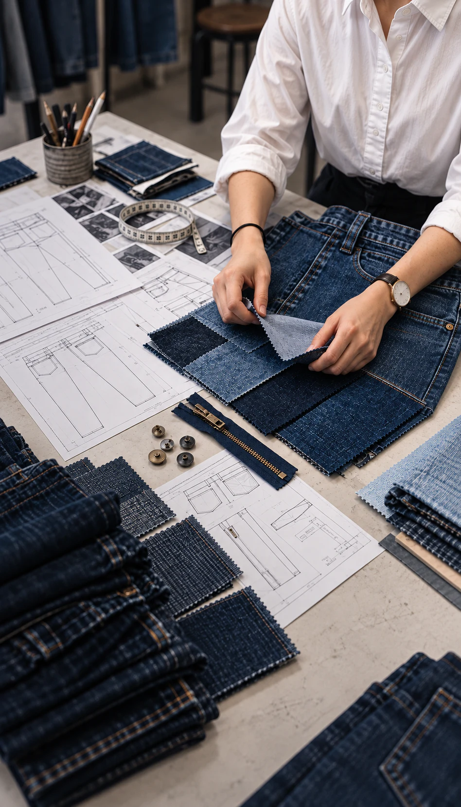 Denim specialist comparing fabric swatches during custom jeans sample development