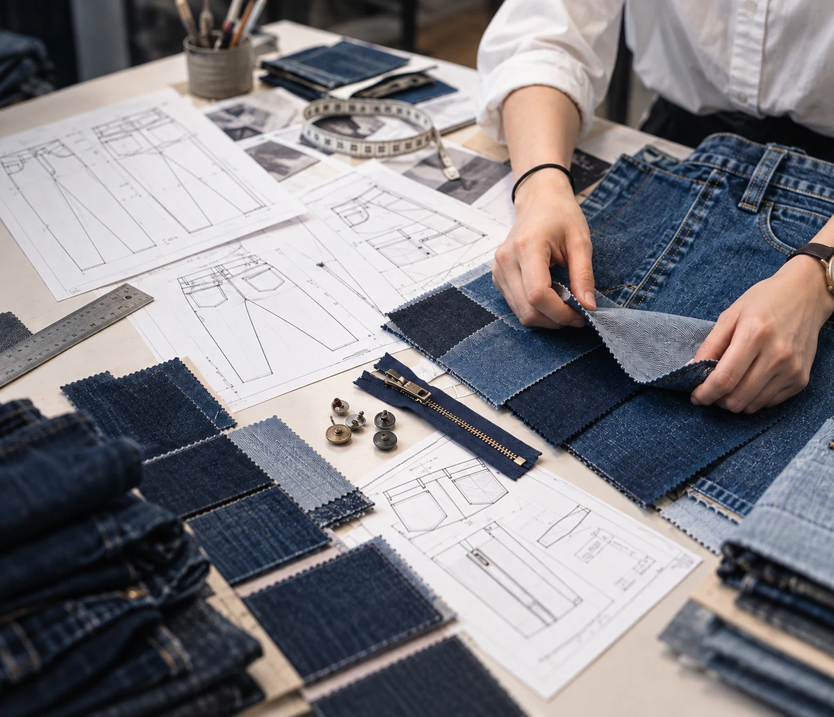 Custom denim development workspace with fabric swatches, jeans, trims and technical patterns
