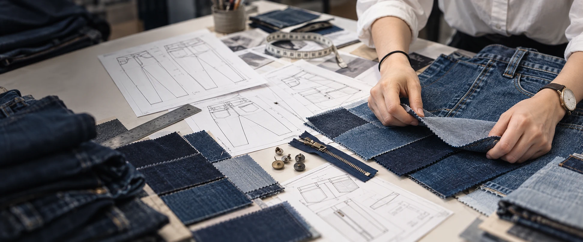 Denim product developer reviewing fabric swatches and technical patterns for custom garment development
