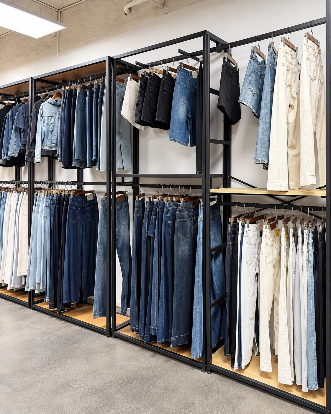 Denim showroom displaying multiple washes and product styles for sourcing review