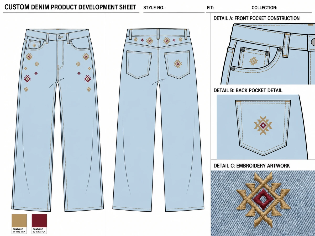 Custom denim development sheet showing garment construction, pocket details and embroidery artwork