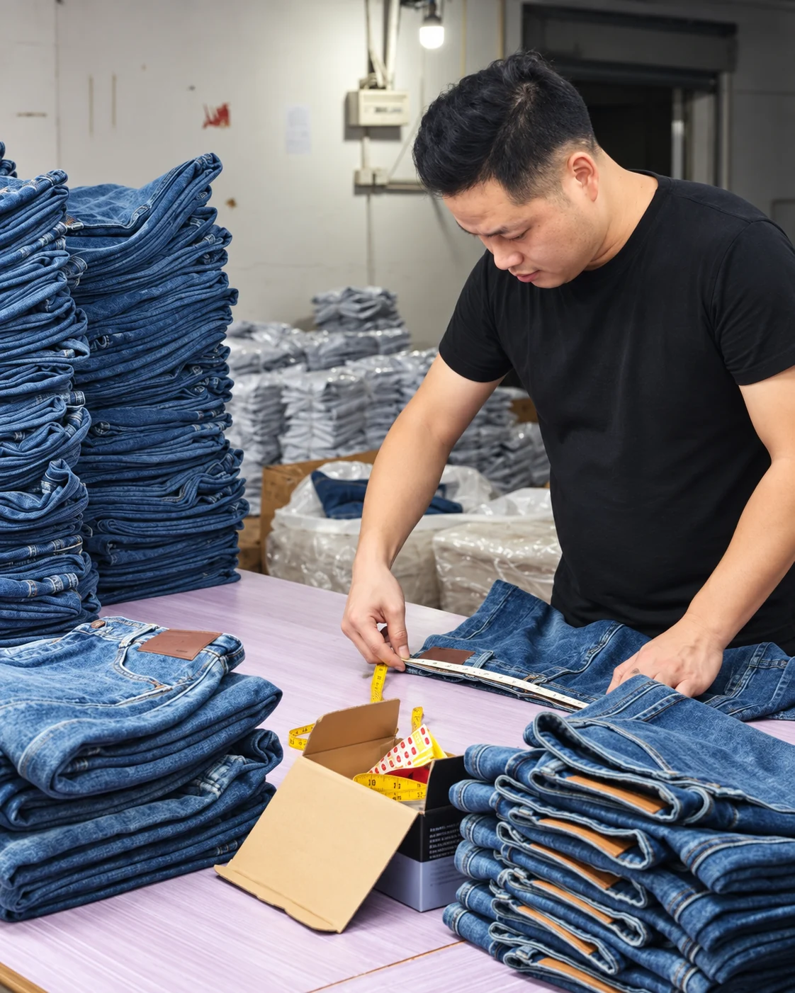 Denim production specialist checking finished jeans measurements against order requirements