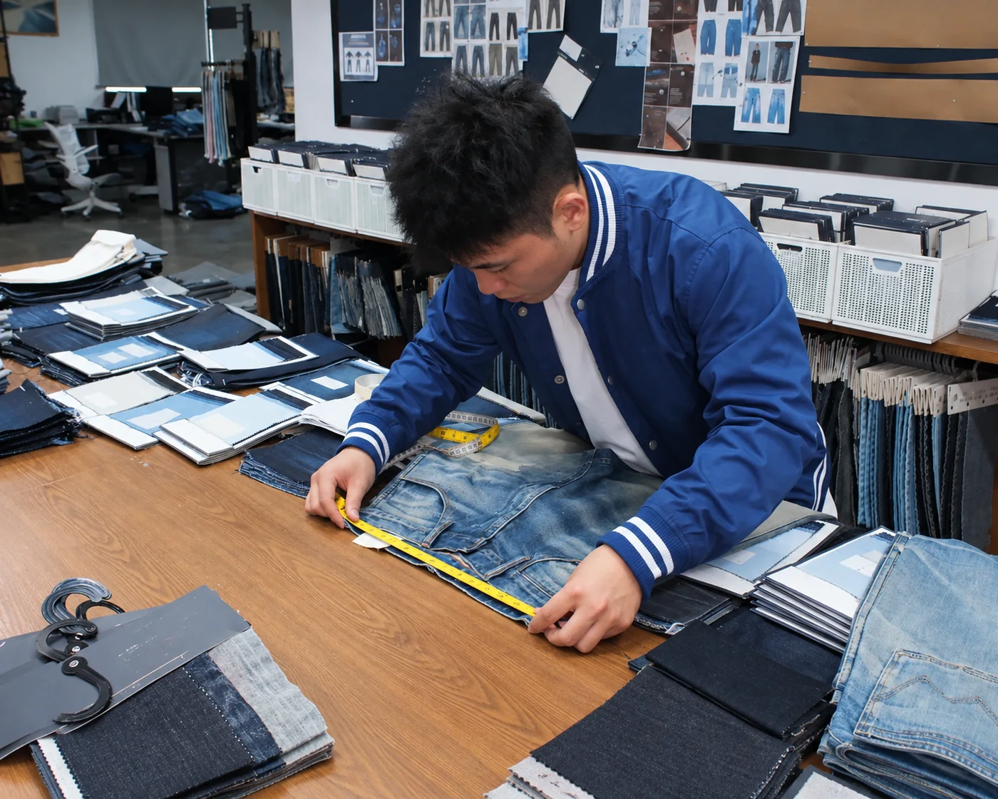 Denim product developer measuring a jeans sample among fabric and wash references