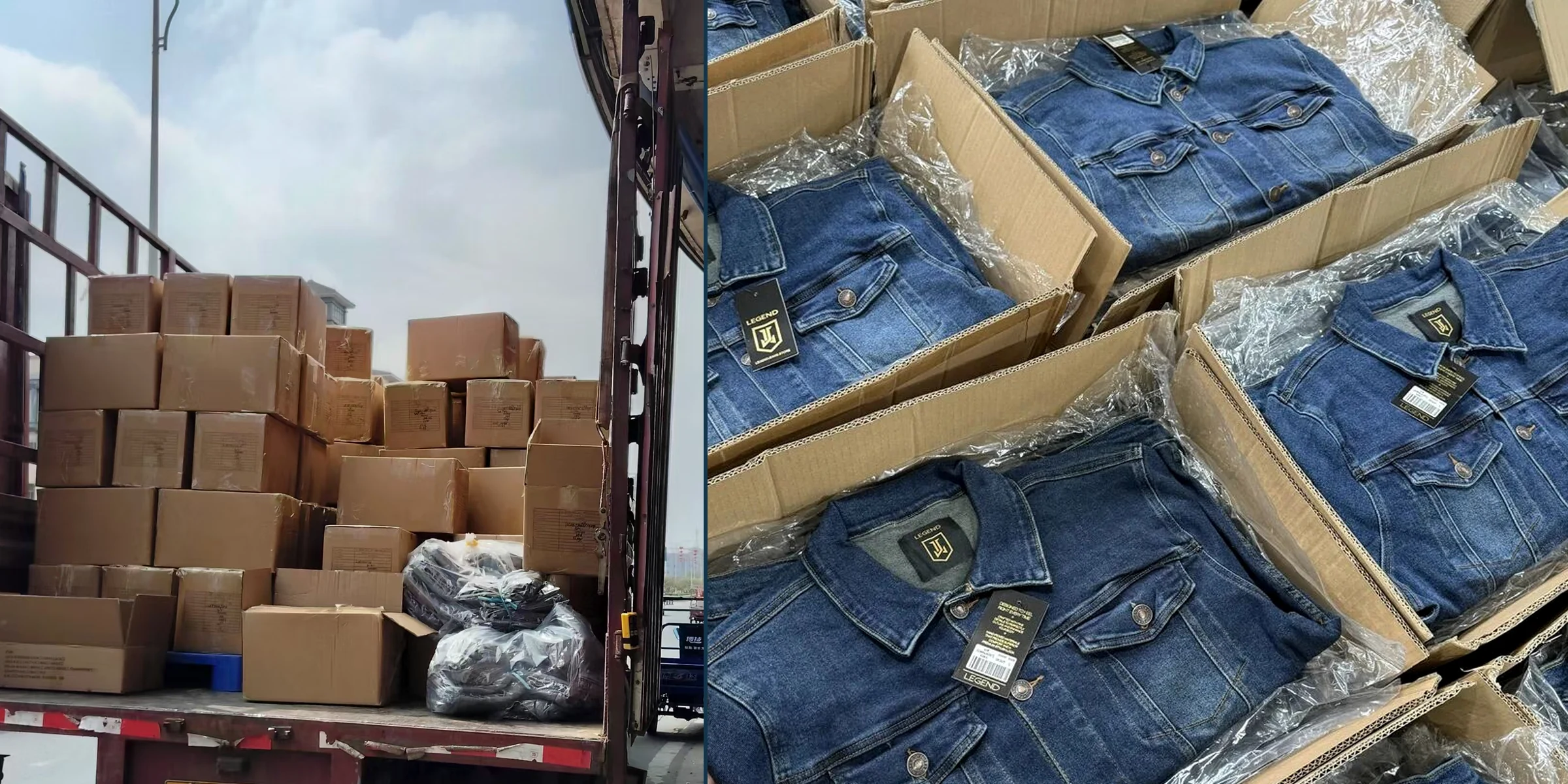 Bulk denim garments packed in cartons and prepared for shipment