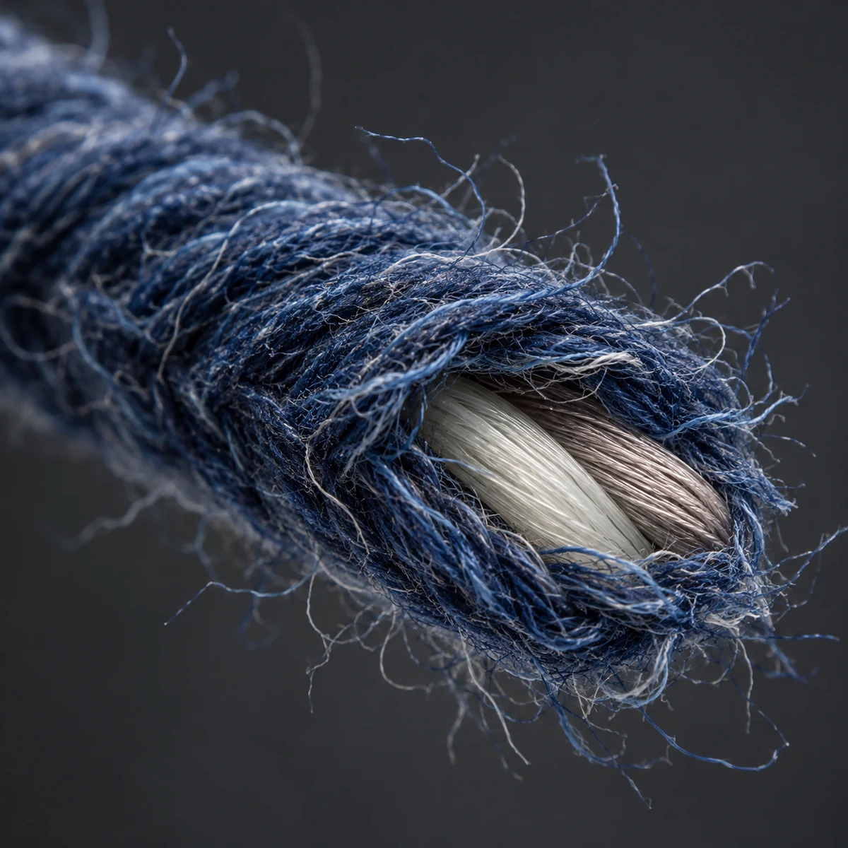 Technical cutaway of dual-core denim yarn with a cotton sheath and filament cores