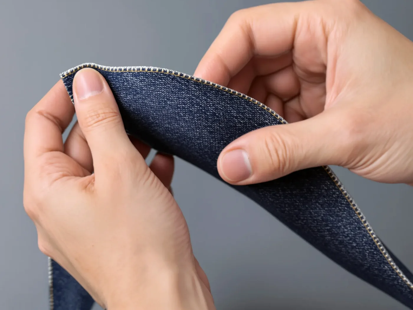 Hands testing the flexibility and recovery of a denim fabric sample