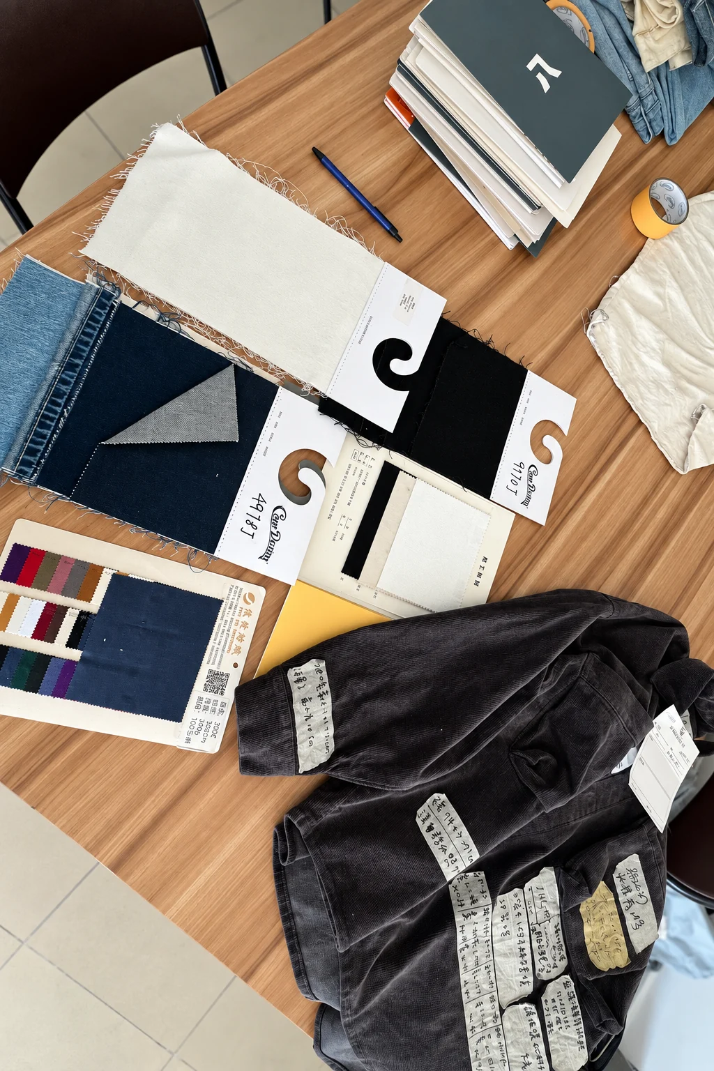Denim fabric swatches and garment samples reviewed during product development