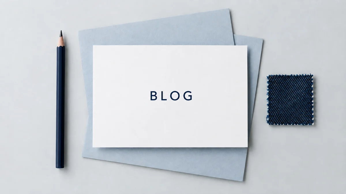 Minimal denim blog card with a BLOG label, pencil and indigo fabric swatch