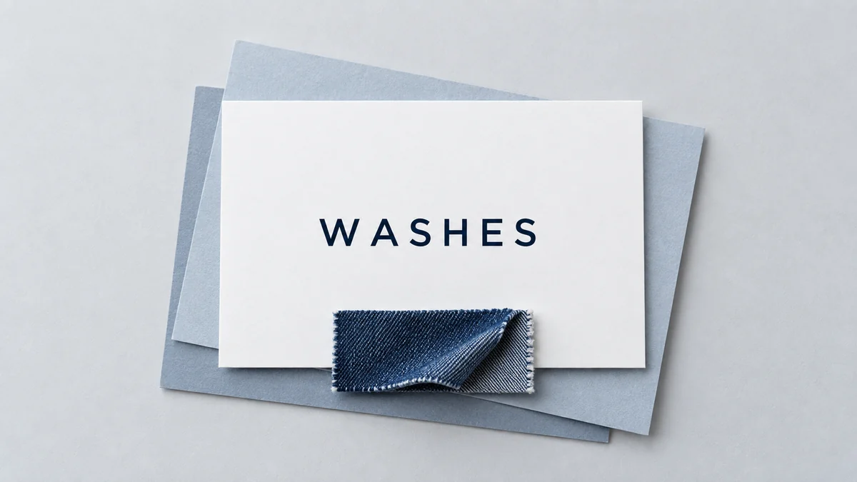 Minimal denim washes card with an indigo fabric swatch and WASHES label